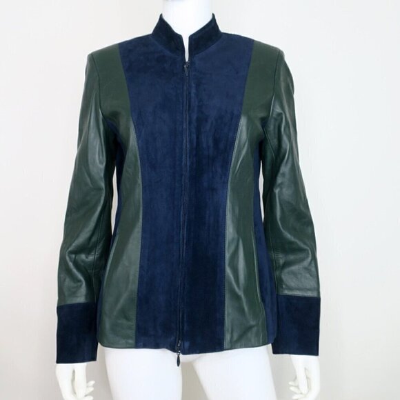 Juliana Collezione Lamb Leather Zip Jacket Green Navy Blue Luxury Women's 2 - Picture 1 of 3